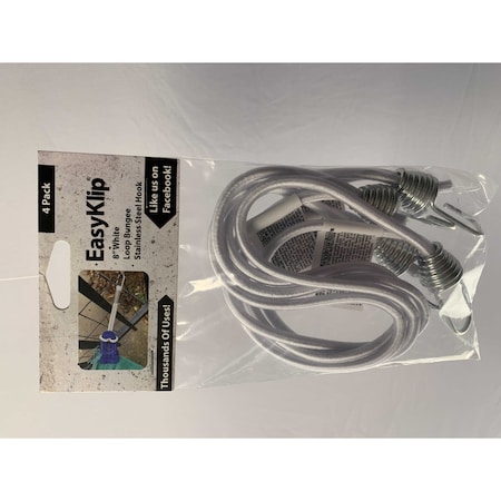 Easyklip 8" White Loop Bungee With Stainless Steel Hook, PK4 BL408W